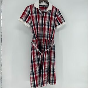 Brooks Brothers Belted Shirt Dress Women 8 Red Blue Plaid Short Sleeve Fit Flare